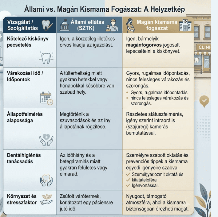 Állami SZTK és magán kismama fogászat összehasonlítása infografika